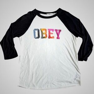 Obey Black and White Raglan Tee Size Small Multicolor Bold "OBEY" Graphic